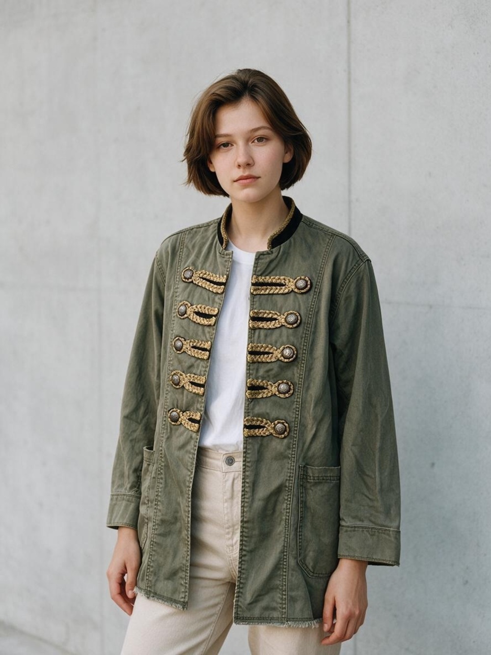 Free People Olive Military Jacket with Gold Braid